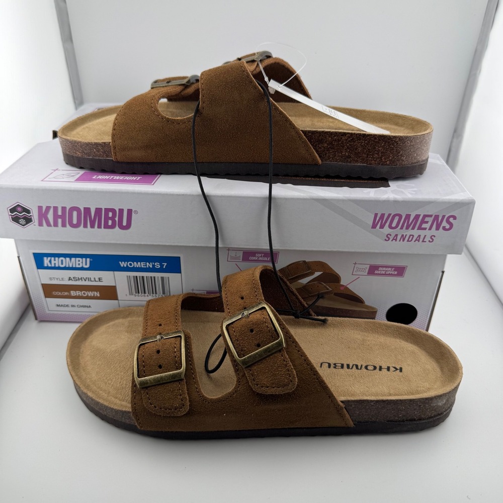 Khombu Ashville Sandals Womens 7 Brown New Suede Leather Two Strap Slide Cork